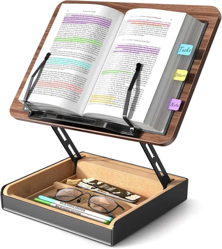 Vista 10 de Soporte para libros con almacenamiento, soporte para libros para lectura con manos libres, soporte de madera para libros de cocina para encimera