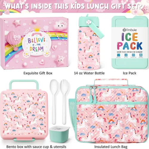 Vista 2 de Fimibuke Lonchera Bento para niños con botella de agua aislada para niños A1. Unicornio