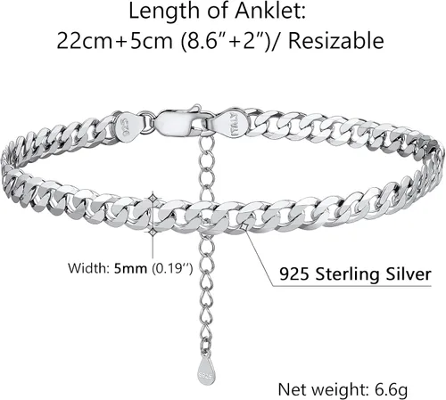 Vista 6 de PROSILVER Tobilleras de plata de ley 925 para mujer, elegantes tobilleras de cadena, joyería de playa de verano, ajustable de 8.6 a 10.6 pulgadas