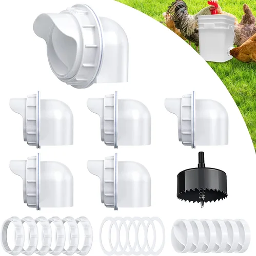 Comedero de pollo para bricolaje, sin residuos, 6 unidades de puerto automático de alimentación para aves de corral con tapón y sierra de agujero,