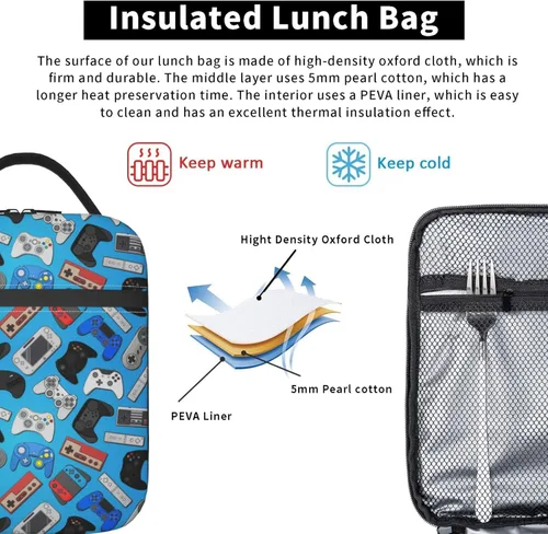 Vista 60 de Bolsa de almuerzo con joystick de juego verde, bolsa de almuerzo aislada, contenedor de comida para escuela, trabajo, picnic, viajes
