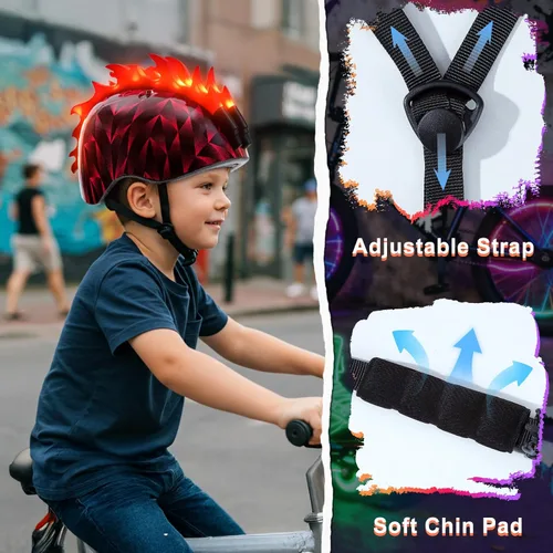 Vista 6 de Casco de bicicleta para niños pequeños con luces LED, casco para niños varones de 3 a 8 años, cascos de bicicleta ajustables para niños pequeños
