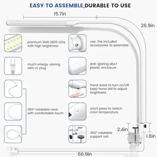 Vista 6 de MY BEAUTY LIGHT Lámpara de escritorio LED inteligente con abrazadera, luz de escritorio con sensor de onda de mano, 2700-6500K 5 temperaturas