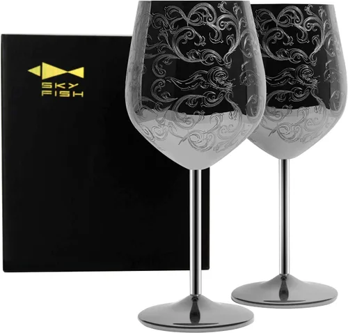 Sky Fish Copas de vino de acero inoxidable con chapado en negro, grabado con intrincados y auténticos grabados barrocos, copas de vino de estilo