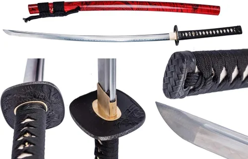 Vista 15 de Handforged Samurai Katana Sword - Damascus/1060/1095 High Carbon Steel, Full Tang, Iron Tsuba, Solid Wood Saya - Real Functional Sharp Blade for
