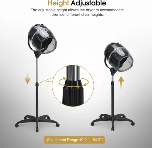 Vista 7 de BarberPub Secador de pelo con capucha de 1300 W con soporte, base rodante de pie ajustable en altura, equipo de salón de belleza con rotación