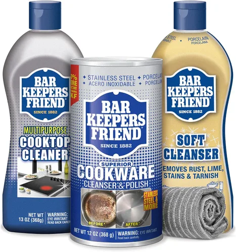 Bar Keepers Friend Paquete de limpieza de cocina, con limpiador suave (13 onzas), limpiador de placa de cocina (13 onzas), limpiador y esmalte de