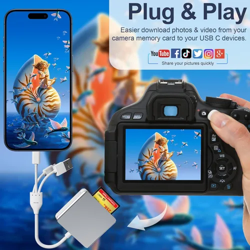 Vista 4 de Adaptador de Memory Stick Pro Duo 5 en 1, lector de tarjetas SD USB C para iPhone con conectores Lightning/USB-C/USB 3.0, compatible con tarjetas