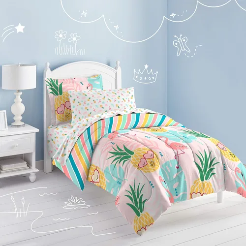 Vista 32 de dream FACTORY - Juego completo de ropa de cama infantil de 5 piezas, de microfibra muy suave, fácil de lavar, tamaño individual, globos de corazón