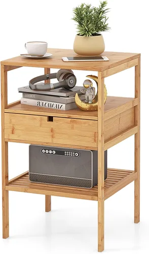 LOKO Mesita de noche de bambú, mesitas de noche de madera con cajón extraíble y estante de almacenamiento, mesas auxiliares de estilo simple para
