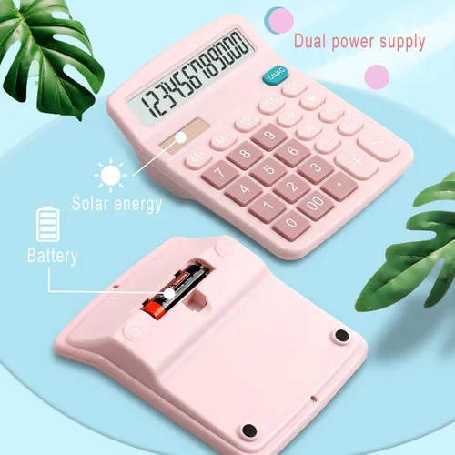 Vista 3 de YOUHO Calculadora de escritorio de oficina rosa, batería solar de 12 bits, doble potencia, función estándar, calculadora electrónica con pantalla