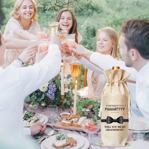 Vista 6 de Muruseni Regalos de propuesta de padrino, bolsas para botellas de vino, Will You Be My Groomsman Proposal, bolsas de vino de lino de algodón
