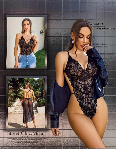 Vista 2 de Avidlove - Lencería de una pieza para mujer, body de encaje con escote profundo en V y falda de malla