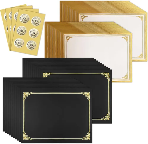 SUNEE Kit de certificado de 75 piezas, incluye 25 soportes negros para certificados y 25 papeles de certificado de tamaño carta y 25 sellos de