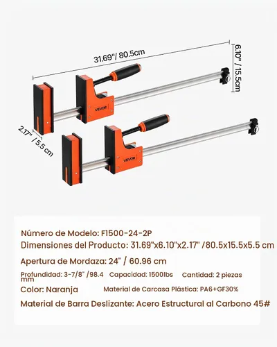 Vista 6 de VEVOR Abrazaderas de barra para carpintería, paquete de 2 abrazaderas paralelas de 24 pulgadas, abrazadera F con límite de carga de 1500 libras
