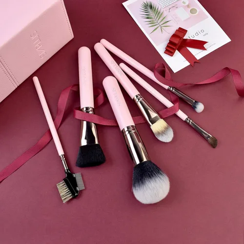 Vista 6 de SIXPLUS Pinceles de maquillaje de viaje con estuche, 15 piezas de brochas de maquillaje rosa profesional para base, corrector de polvo, sombra