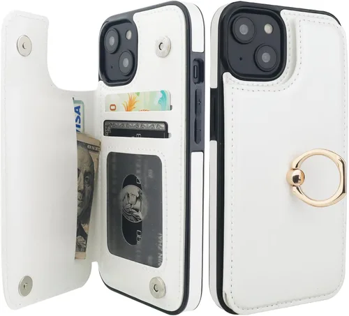 Vista 12 de ONETOP - Funda tipo cartera para iPhone 13 con soporte para tarjetas, anillo de rotación de 360°, bloqueo RFID, piel sintética, doble cierre Rojo
