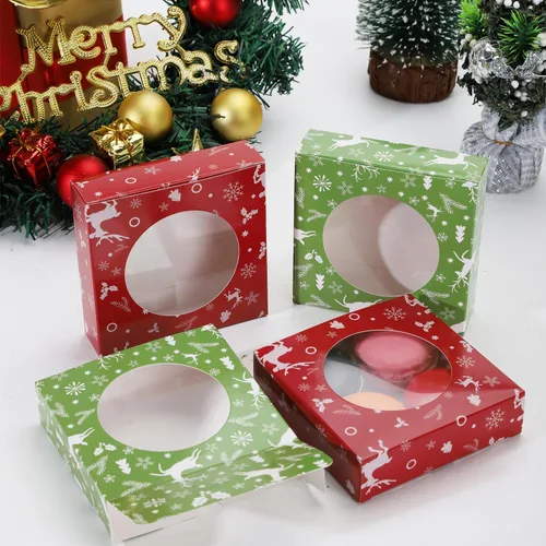 Vista 5 de 60 cajas de galletas de Navidad de 4.3 x 4.3 x 1.2 pulgadas, cajas de panadería de Navidad con ventana redonda transparente para panadería