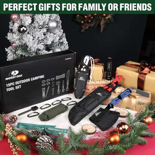 Vista 2 de Juego de hacha y machete Mossy Oak con funda, hacha de una pieza y cuchillos de caza con mango de paracord, linterna zoomable, muchas otras