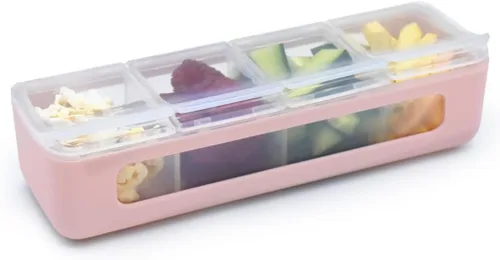 Vista 8 de melii Caja de aperitivos – 4 compartimentos separados con tapas, contenedor dividido para aperitivos, almacenamiento de alimentos para niños y Baya