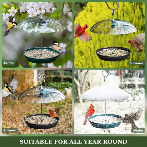 Vista 6 de Kingsyard Comedero para pájaros de plataforma ajustable para colgar al aire libre, bandeja de metal con cúpula superior, atrae a los pájaros azules