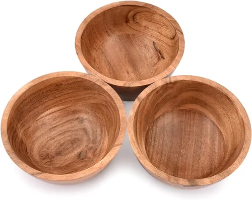 Vista 3 de EDHAS Juego de 3 cuencos de madera de acacia hechos a mano para nueces, dulces, aperitivos, aceitunas y salsa, ideal para cenas y reuniones