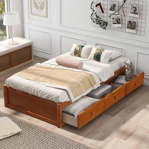 Vista 11 de Harper & Bright Designs Cama de plataforma tamaño Queen con 2 mesitas de noche y 2 lámparas, cama Queen de madera con cabecero, combinación de ratán
