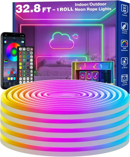 Vista 11 de RCUICA Cuerda de luces LED de neón de 100 pies impermeable con control remoto de aplicación inteligente, modos de escena de bricolaje, cronización