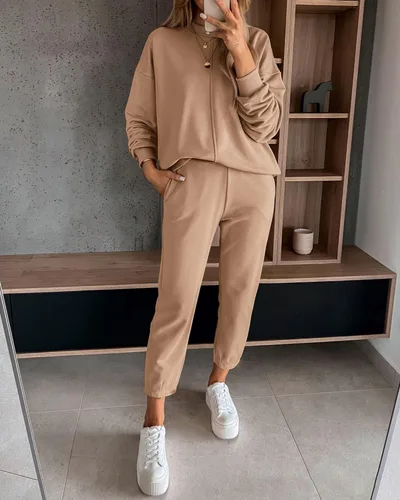 Vista 2 de BTFBM Conjunto de 2 piezas para mujer, de manga larga, sin botones, pantalones deportivos, para otoño, invierno, con bolsillos
