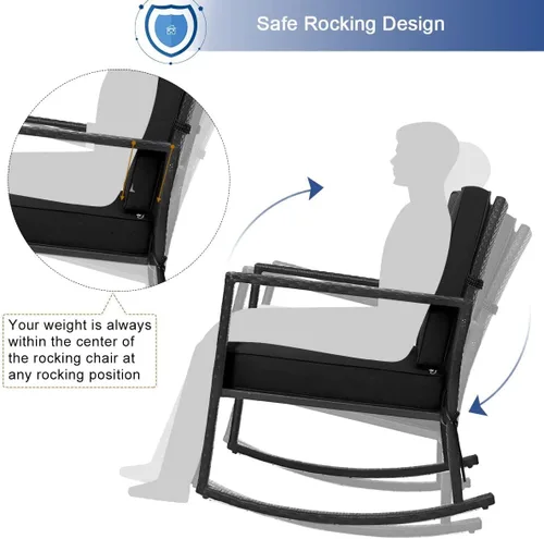 Vista 6 de HAPPYGRILL Mecedora de mimbre, silla mecedora de patio al aire libre con marco resistente, cojín grueso, mecedora de ratán para patio trasero