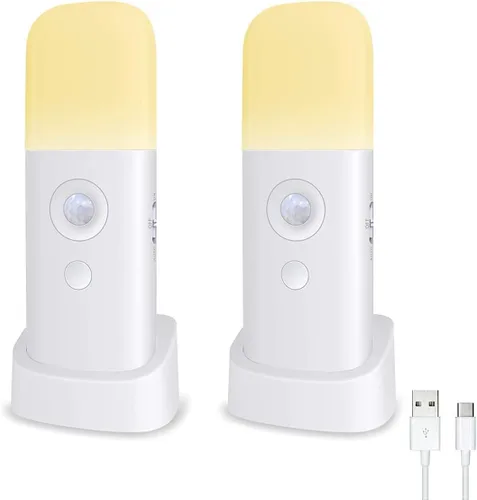 Vista 9 de CREWEEL Luces nocturnas con sensor de movimiento para interiores, luz nocturna recargable, funciona con pilas, luz nocturna portátil con brillo