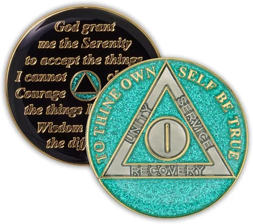 Moneda de sobriedad de 1 año | Ficha de aniversario de recuperación de chip AA con purpurina (aguamarina)