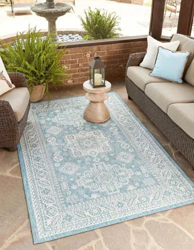 Vista 73 de Unique Loom Outdoor Aztec Collection Alfombra de área, Chalca (7 pies 10 pulgadas, cuadrada, azul/marfil)
