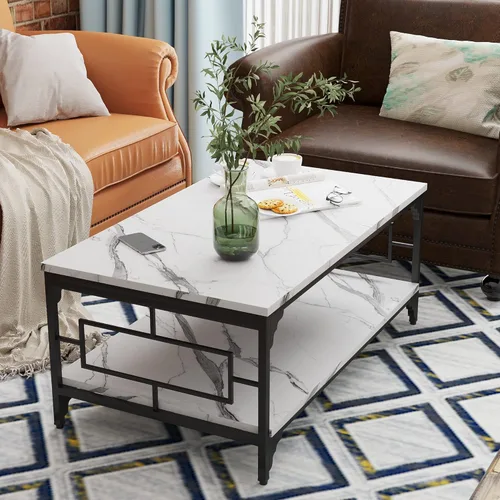 Vista 3 de Yongchuang Mesa auxiliar rectangular de mármol sintético blanco de 42 pulgadas con estante de almacenamiento, mesa de centro de metal de madera de 2