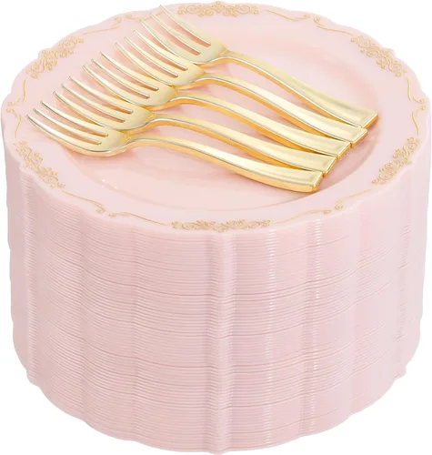 Vista 8 de LIYH 200 Piezas Platos de Postre de Plástico Transparente Dorado 7.5" y Tenedores para Pastel 5" - Platos de Plástico Pequeños Transparentes