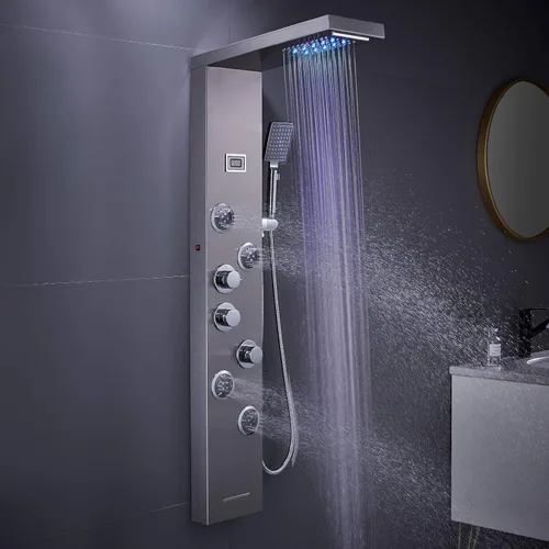 Vista 10 de MENATT Sistema de torre de paneles de ducha LED, sistema de panel de ducha de baño de acero inoxidable SUS304 con 4 chorros de cuerpo, lluvia, Negro