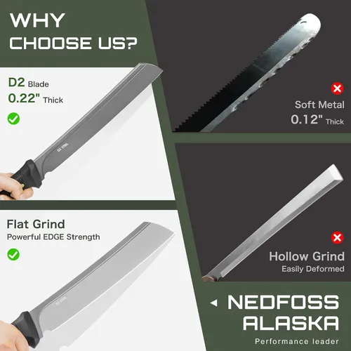 Vista 10 de NedFoss 16" Survival Machete with Sheath, D2 Steel 0.22" Thick Full Tang Blade Machete Knife with Flat Grinding, Machete for Cutting Trees, for Yard