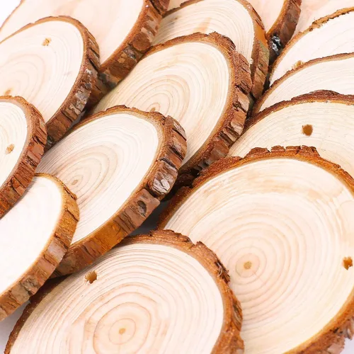 Vista 2 de Rebanadas de madera natural sin terminar, 25 piezas de posavasos de madera de 3.1 a 3.5 pulgadas, kit de madera preperforado con agujero, círculos