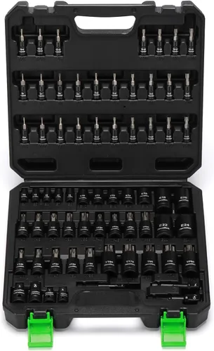 Juego de 67 piezas Master Torx Bit Socket y Torx Externo, 14", 38" y 12" Drive, acero S2 y Cr-V, E4 - E24, T6 - T70, TT6 - TT70, TP8 - TP60, incluye