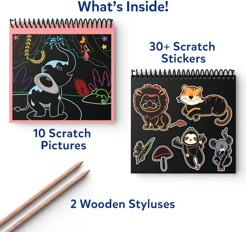 Vista 2 de Skillmatics Libro de arte para rascar para niños: animales, kits de manualidades y suministros, más de 30 calcomanías para rascar, juguetes
