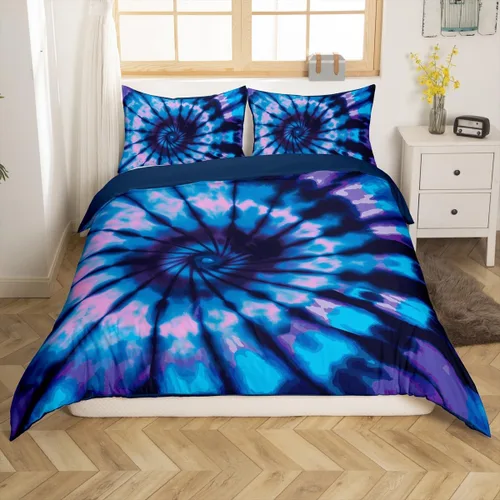 Vista 3 de Juegos de Funda de Edredón Hippie Tie Dye Tamaño Twin Azul Morado Tie Dye Espiral Funda de Edredón, Funda de Colcha Boho Bohemia Hippie Gitana