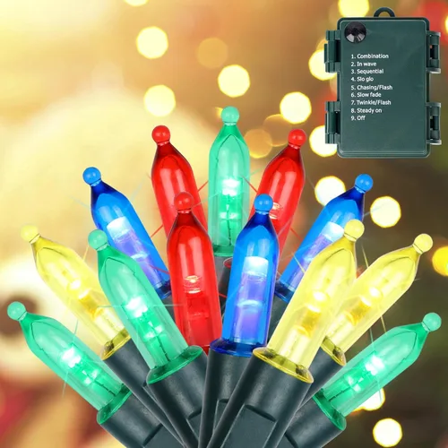 Blissun Luces de Navidad, juego de 50 luces de alambre verde, mini cadena de luces de Navidad a pilas con 8 modos, luces de hadas de 16 pies para