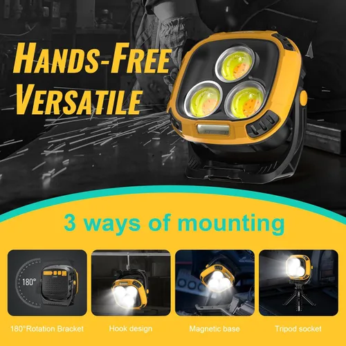 Vista 3 de WARSUN Luz de trabajo LED recargable de 3300 lúmenes, 18 modos de iluminación, base magnética, entrada USB-C, amarillo, material ABS, portátil