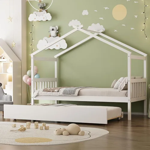 Vista 35 de Merax Cama de tamaño individual de madera estilo casa con valla, marco de cama de madera con techo y barandilla de seguridad para niños, Blanco