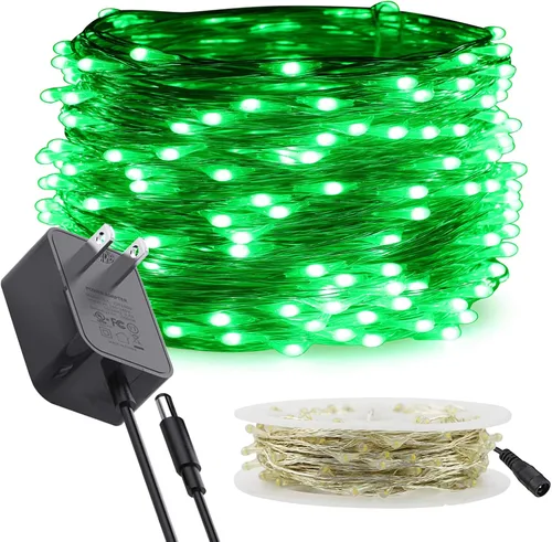Vista 12 de RUICHEN Guirnalda de luces LED de alambre plateado con carrete de 99 pies, 300 luces LED de 99 pies, color verde
