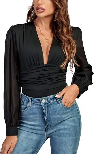 Vista 4 de LYANER Body de manga larga con cuello en V profundo plisado y fruncido para mujer