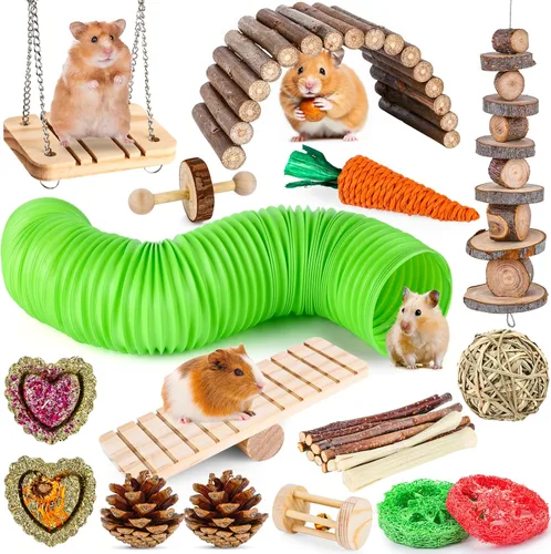 Vista 10 de VESPRO Juguetes de Conejo para Conejos, Hámster, Juguetes de Conejillo de Indias, Palitos de Heno Timothy Natural, Golosinas Masticables y Pelotas