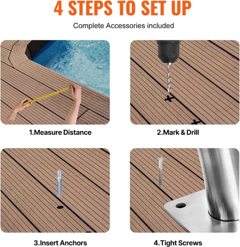 Vista 5 de VEVOR Pasamanos para Piscina, 2 PCS Barandilla de 30x30 pulgadas, Acero Inoxidable con Placa Base para Interiores/Exteriores, Barandilla