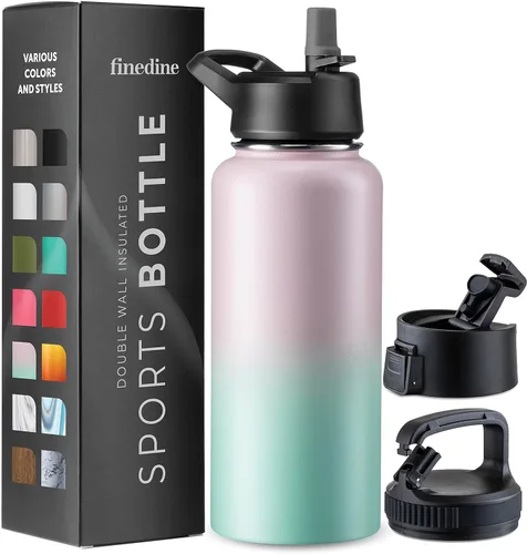 Vista 37 de FineDine Botellas de agua aisladas de triple pared con popote, botella de metal de acero inoxidable de 25 onzas con 3 tapas a prueba de fugas