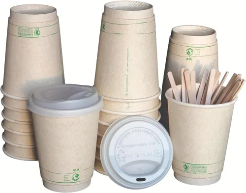 Living Balance Certified Compostable Coffee Cups 12 oz 50 Pack with Lids
